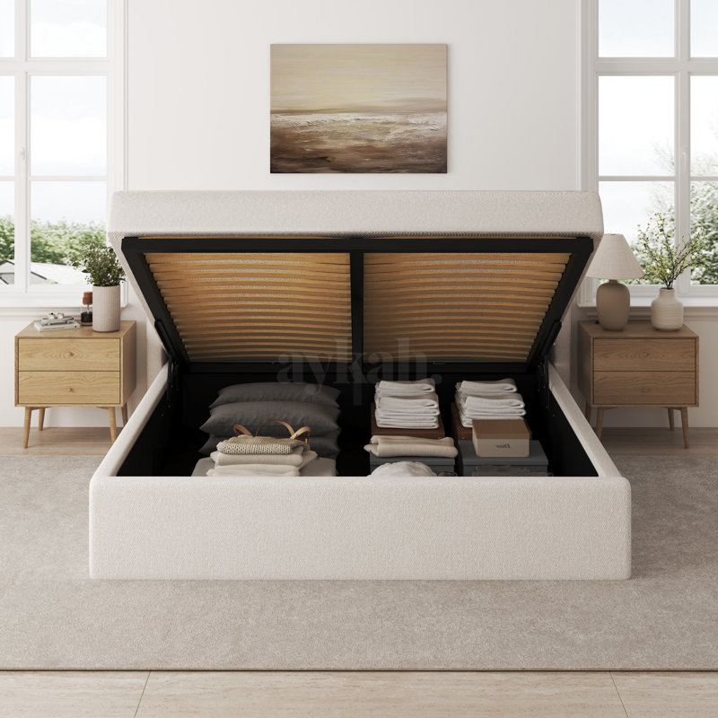 Lit plateforme capitonné avec rangement, Grand, Beige
