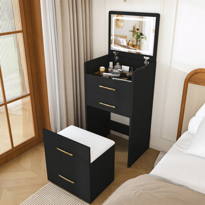 3-in-1 Compact Vanity Desk with Flip-Up Mirror, Glass Desktop and Cushioned Stool