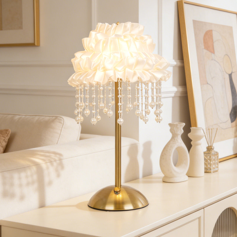 Modern Fabric Dimmable Table Lamp, Cream Ruffled Satin Led Nightstand Lamp With Pearl Bead Fringe