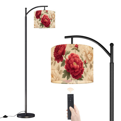 Arc Floor Lamp with Adjustable Lampshade Red Cream Peony Floral Leaves vintage Standing Lamp 3 Color Temperatures Dimmable Tall Pole Lamp with Foot Switch for Bedroom