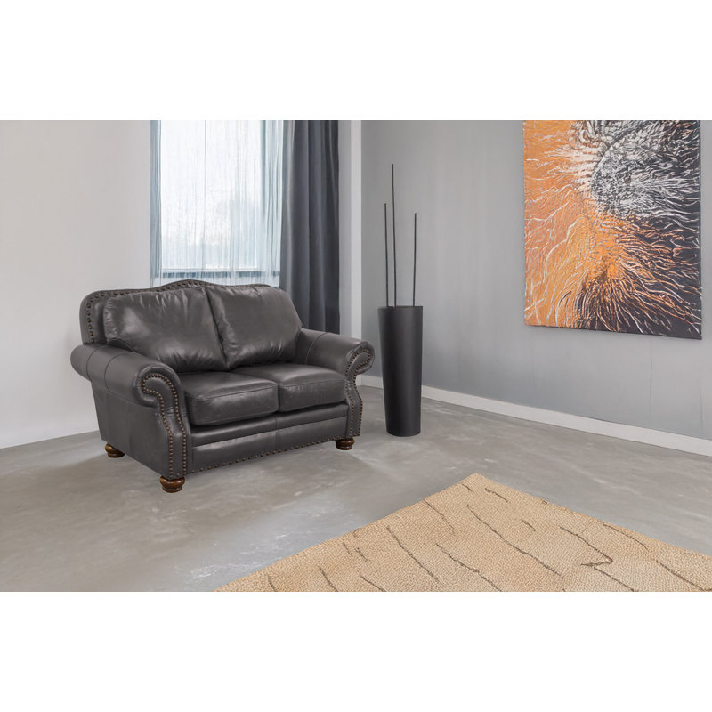 Somto 73" Genuine Leather Rolled Arm Loveseat, Berkshire Charcoal Genuine Leather