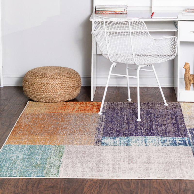  Tapis bleu marine / gris / orange Octagon, Rectangle 7 pi 10 po x 10 pi