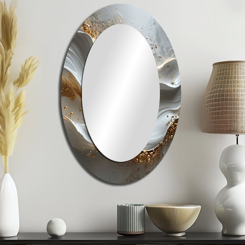 Gris et or abstrait marbre II - miroir mural moderne ovale doré, 36 po x 24 po