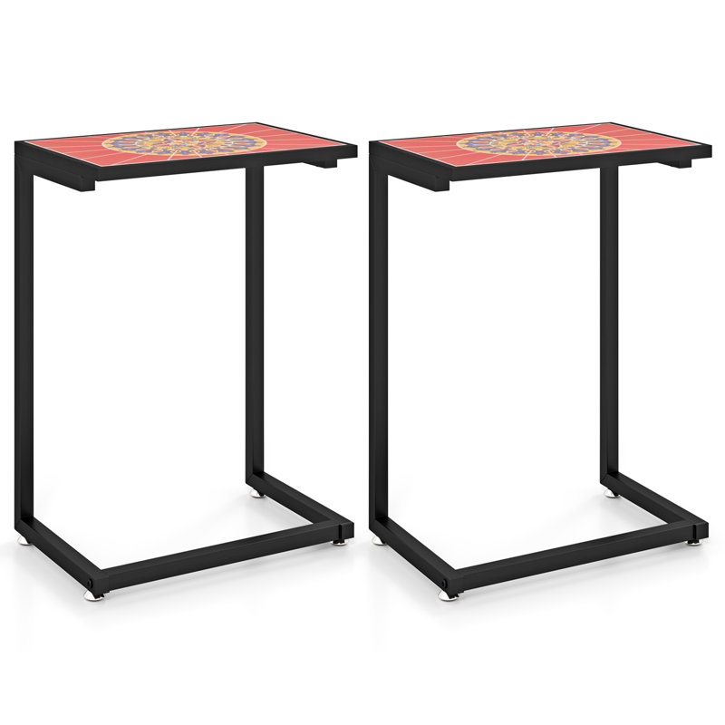 2 pièces Table de bout d'extérieur en forme de C en mosaïque avec cadre en métal robuste