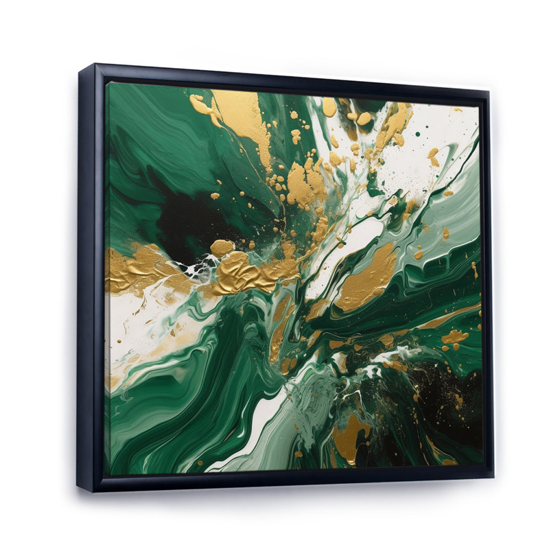 «Green and Gold», art mural abstrait sur toile, H 24 po x l 24 po, Noir, Reproduction avec cadre flottant
