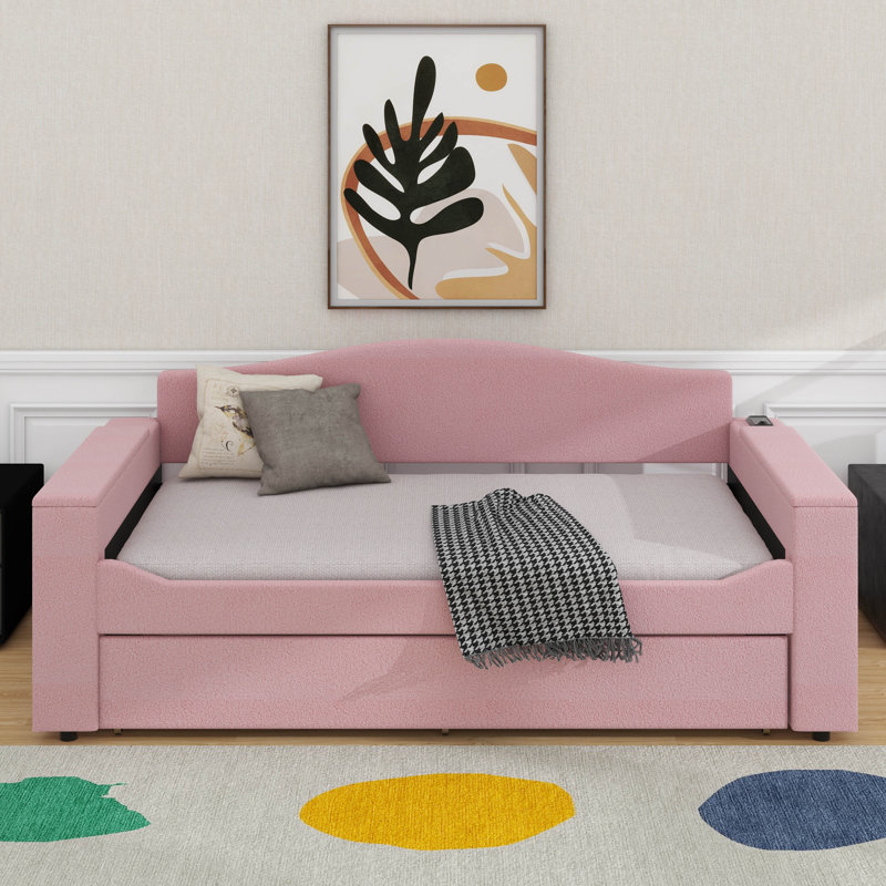 Lit de jour simple rembourré avec couchette et dernier système audio Bluetooth intégré, Rose