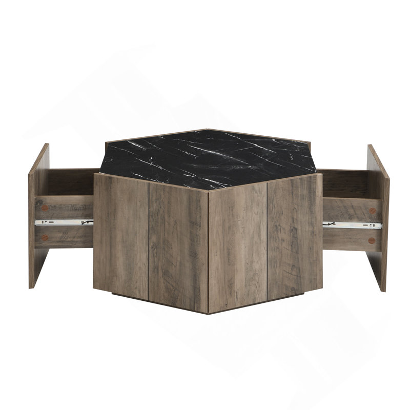 Table basse hexagonale rustique rétro en bois, avec 2 tiroirs cachés, dessus en marbre texturé, parfaite pour les intérieurs rétro