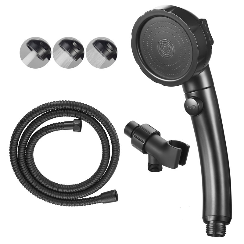 Matte Black 3-Mode Handheld Shower Head With Pause Switch And Adjustable Bracket, Black