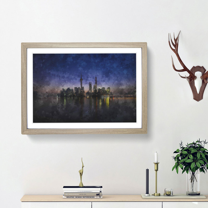 Evening Reflections of Shanghai - Picture Frame Graphic Art Print, Oak Framed, 45cm H x 63cm W x 2cm D