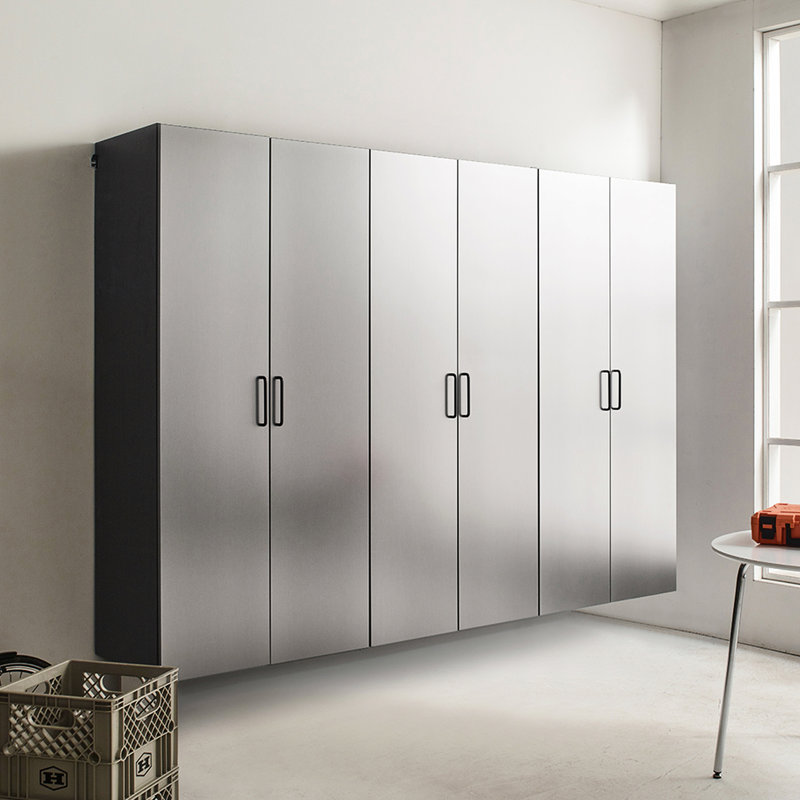 96 po Large armoire de garage D 3 au look gris métallique contemporain - tiroirs et portes, chauffe-eau, 2X bords plus épais, panneau de qualité E0, système de tablettes, structure en métal robuste avec design