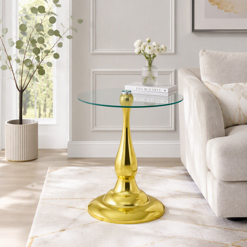 Table d'appoint en verre trempé avec base en métal or rose et design épuré, Doré, transparent