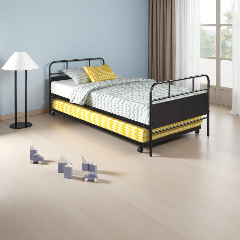 Metal Daybed Platform Bed Frame With Trundle Built-In Casters, Twin Size