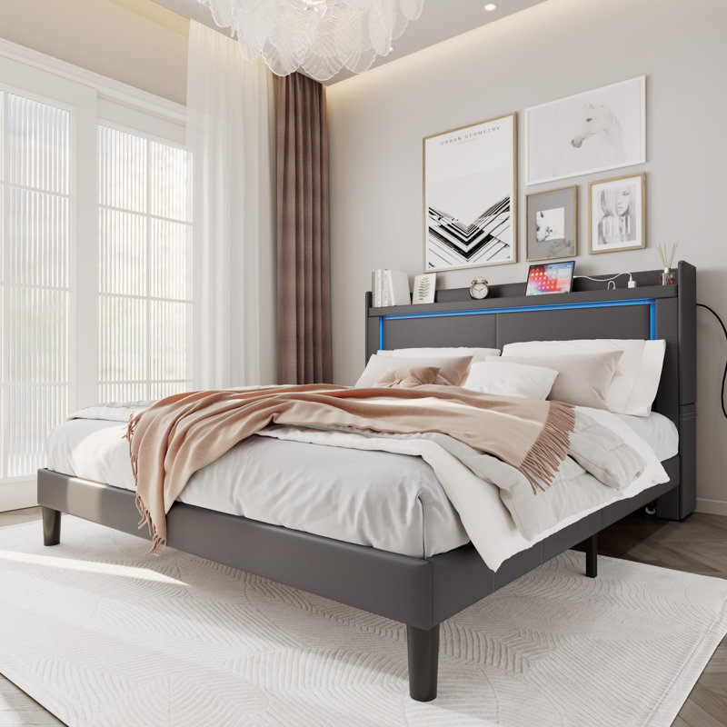 Modern Bed With 2 Nightstands, Charging Station And Colorful Led Light, Gray