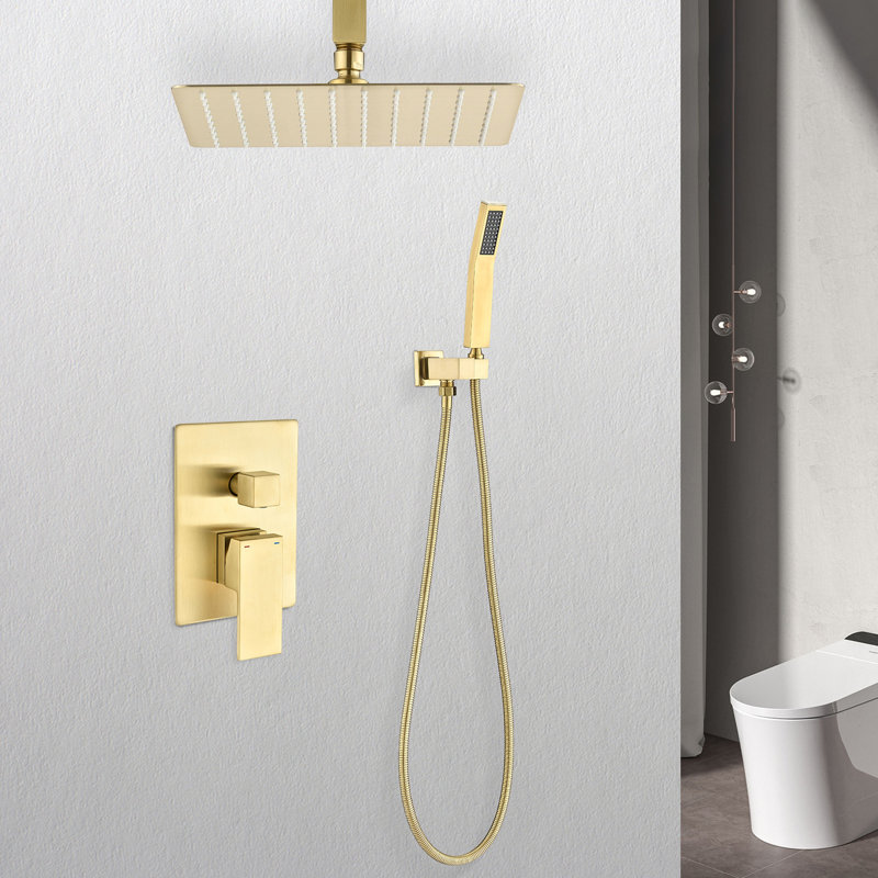 Douche de plafond montée en or - tête de 12 po et douchette à pluie autonettoyante en laiton naturel pour la salle de bain conforme aux normes et directives de représentation des tuyaux American Standard