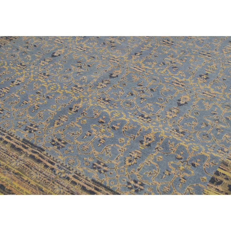 Tapis bleu clair et gris anthracite noué à la main de haute qualité, Rectangulaire : 6 pi 2 po x 9 pi 3 po