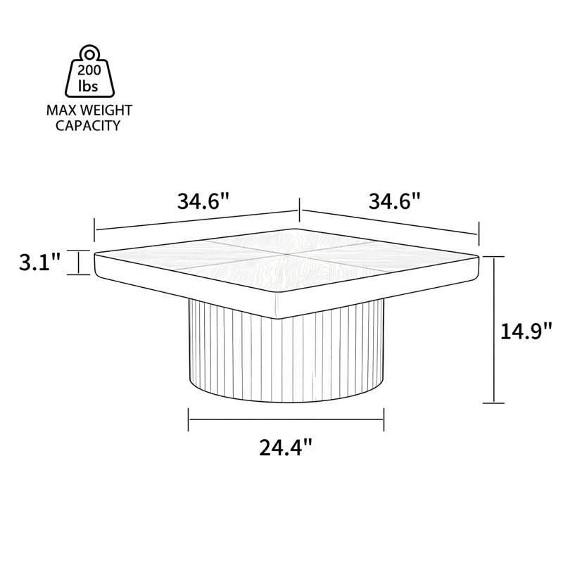 Table basse 34,6 po carrée avec plateau en placage de bois, motif de parquet, base cylindrique et plateau de table d'une épaisseur de 3,15 po
