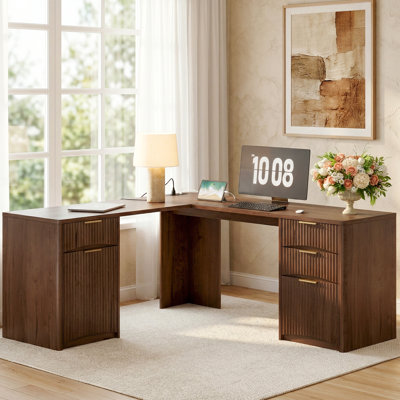 63'' Fluted L Shaped Desk with Drawers, Corner Computer Desk with Storage, Modern Executive Home Office Desk with File Cabinet and Charging Station, Walnut