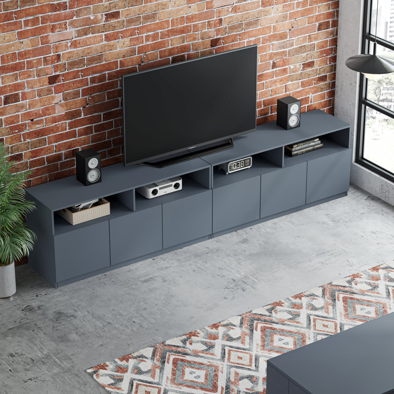 94.5''W Large Splicing TV Stand for 75/85/95 Inch TV with Large Storage, Gray Modern Wooden Entertainment Center Media Console with Open Display Shelves and Cabinet for Living Room and Bedroom