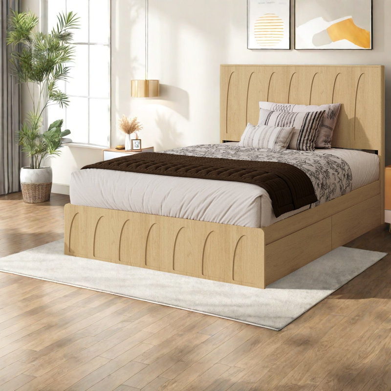 Grands lits avec rangement, structure en bois aggloméré, chêne moderne pour maison compacte