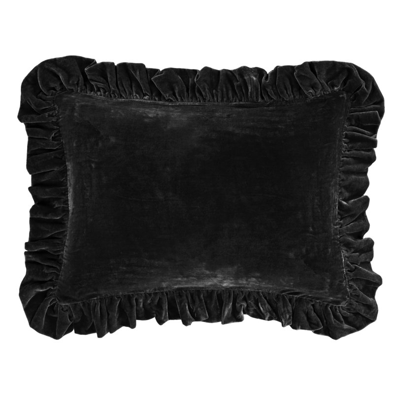 Stella Solid Faux Silk Velvet Ruffled Romantic Western Dutch Euro Pillow, Black