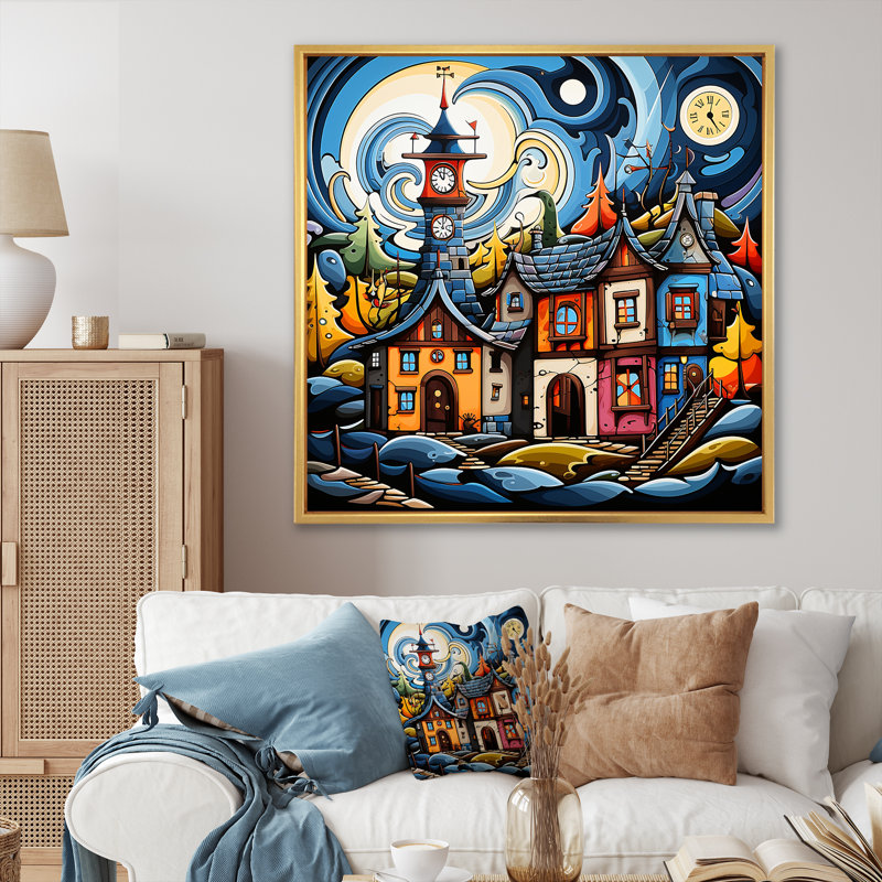 «Blue Whimsical Village Landscape - Abstract Landscape», art mural, Cadre flottant doré, H 36 po x l 36 po x P 1,5 po