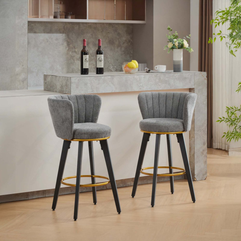 Set of 2 Counter Stools, 360° Swivel Upholstered Bar Stools with Metal Legs, Gray