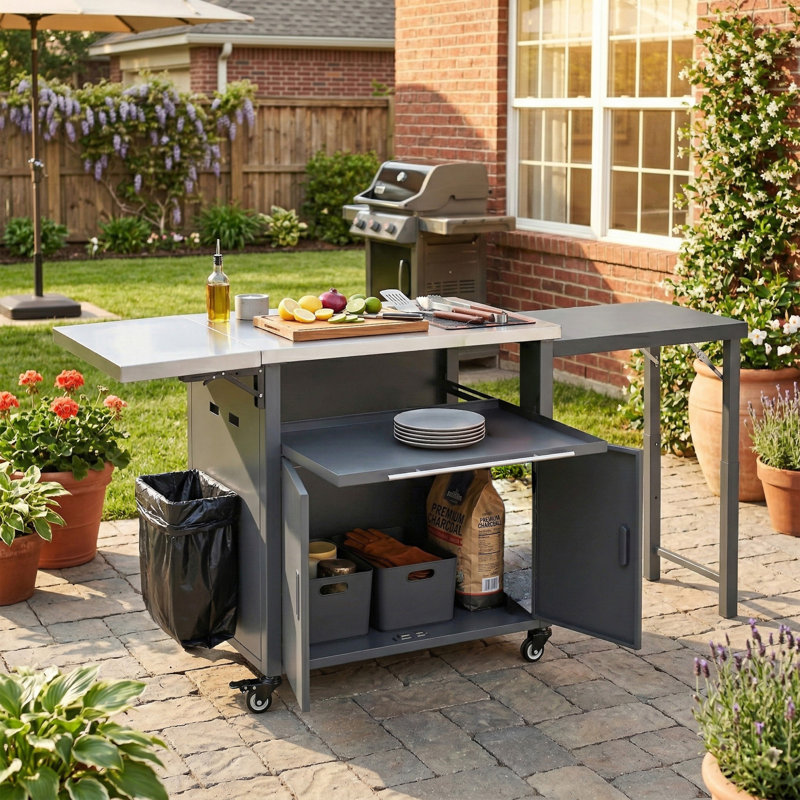 Chariot de barbecue pliable pour l'extérieur, Gris