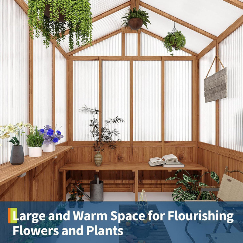 8x13FT Greenhouse Kit with Pergola, Cedar Frame & Polycarbonate Panels, Walk-in Design