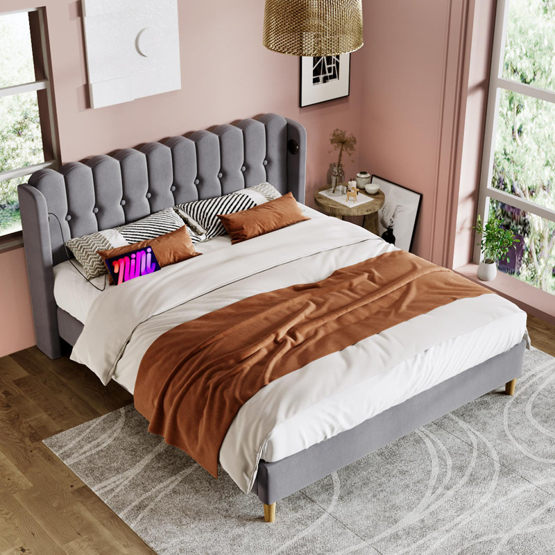 Upholstered Bed With Usb Linen, Double (4'6), Grey