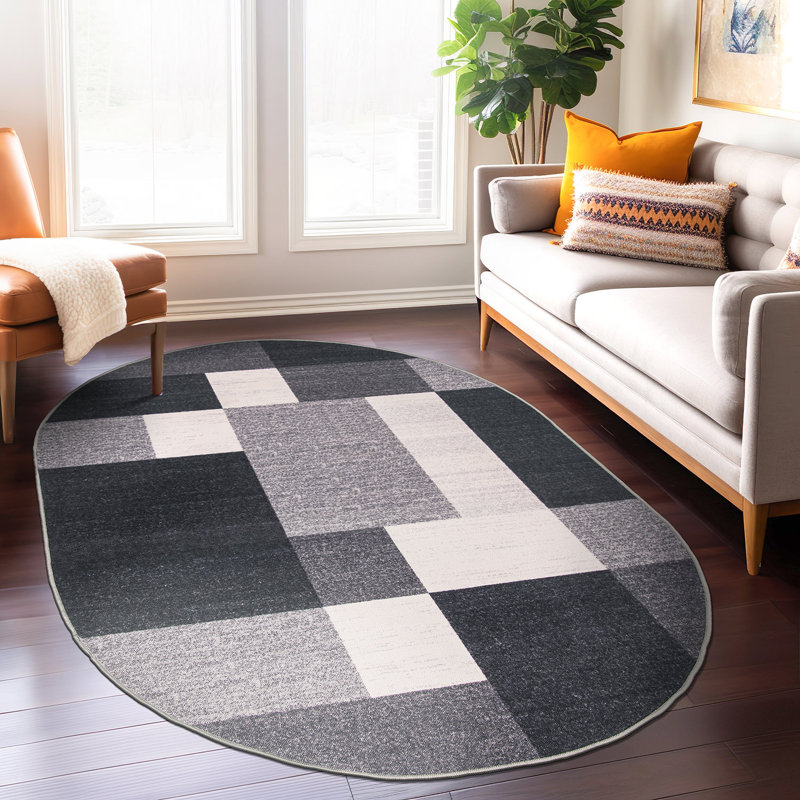 Tapis gris, noir et blanc touffeté à motif géométrique Akieba, Ovale 5 pi x7 pi