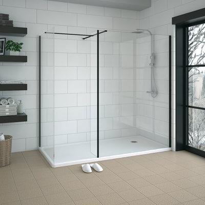 Black Walk In Shower Enclosure Wet Room Glass Screen 1100mm & 900mm with 215mm Return Panel