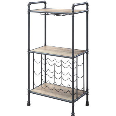 Porte-bouteilles en chêne antique et gris sable avec une touche industrielle - peut accueillir 18 bouteilles, un support à verres à pied de style industriel