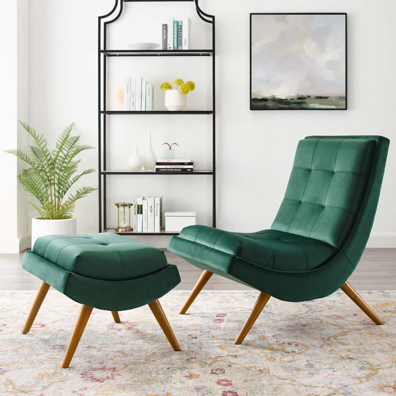 Ramp Upholstered Performance Velvet Lounge Chair and Ottoman Set by Modway, Green