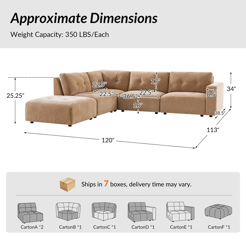 Esme 120" Modern Modular Oversized Sectional Sofa with Chenille Fabric and Memory Foam Cushions, Camel