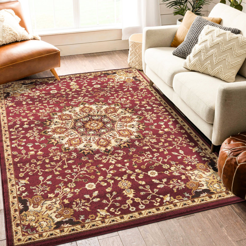 Tapis rouge classique 7 pi 10 po X 3 avec des couleurs élégantes et tendance - design avant avec médaillon intemporel