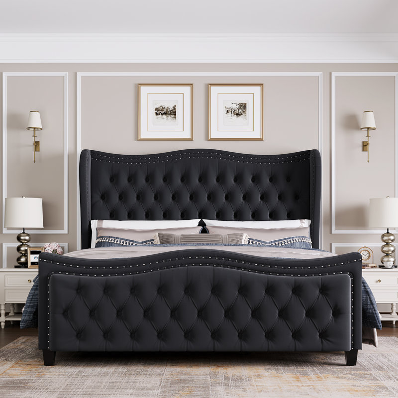 Metter Upholstered Wingback Bed, Black, King