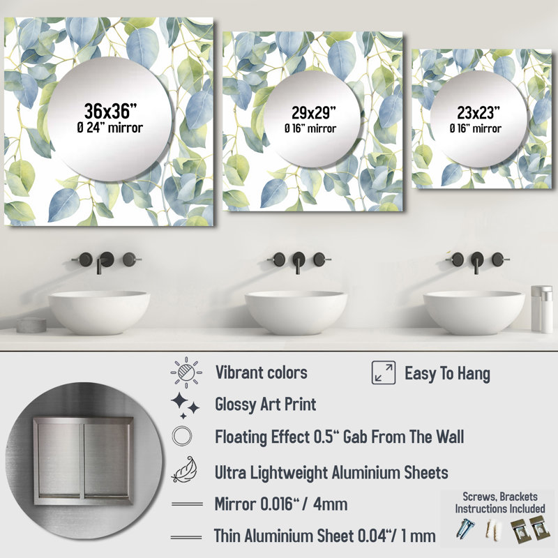 Amulek - Grand miroir carré blanc floral vert eucalyptus Essence II, 36 po x 36 po