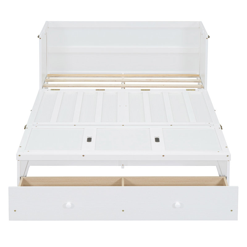 Lit escamotable avec port USB et grand tiroir, Lit double, Blanc
