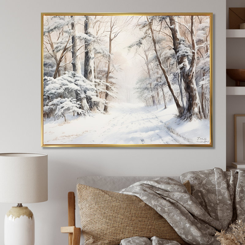 Hiver, forêt, charme de neige, paysage - neige, art mural, H 16 po x l 32 po x P 1 po, Cadre flottant doré
