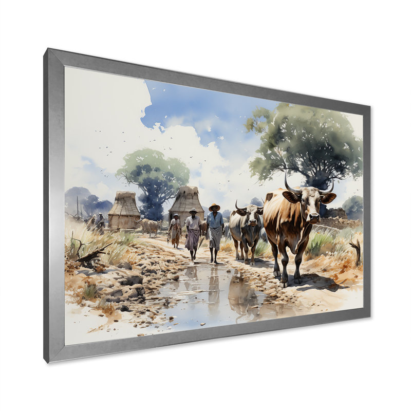 Afrique, camp de bovins Dinka III - art mural tribal africain, Cadre de coin argenté fermé, H 12 po x l 20 po x P 1 po
