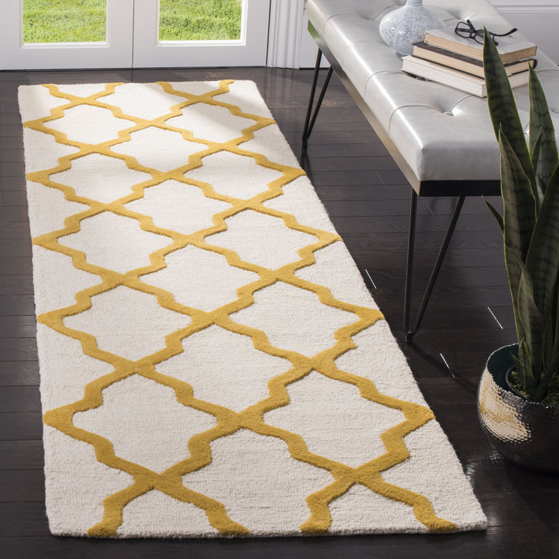 Cannen Hand Tufted Wool Geometric Rug, Runner 2'6" x 8', Ivory/Gold