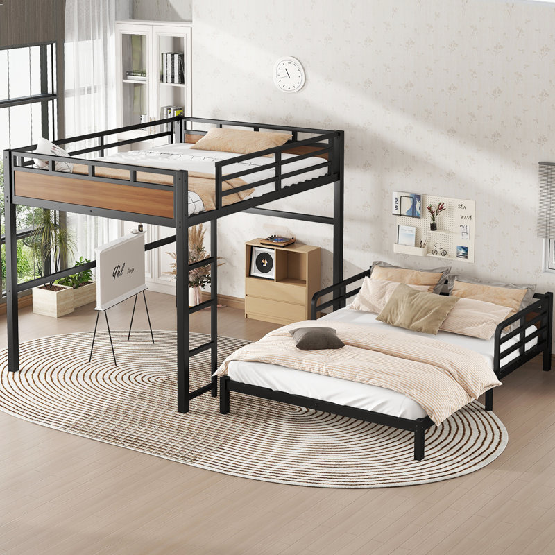 Convertible Queen Bunk Bed To Two Beds, Metal Loft & Platform Bed With Noise-Free Sleep., Walnut, Queen