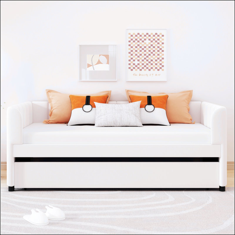 Twin Size Upholstered Daybed With Trundle Bed,Platform Bed,Beige , White