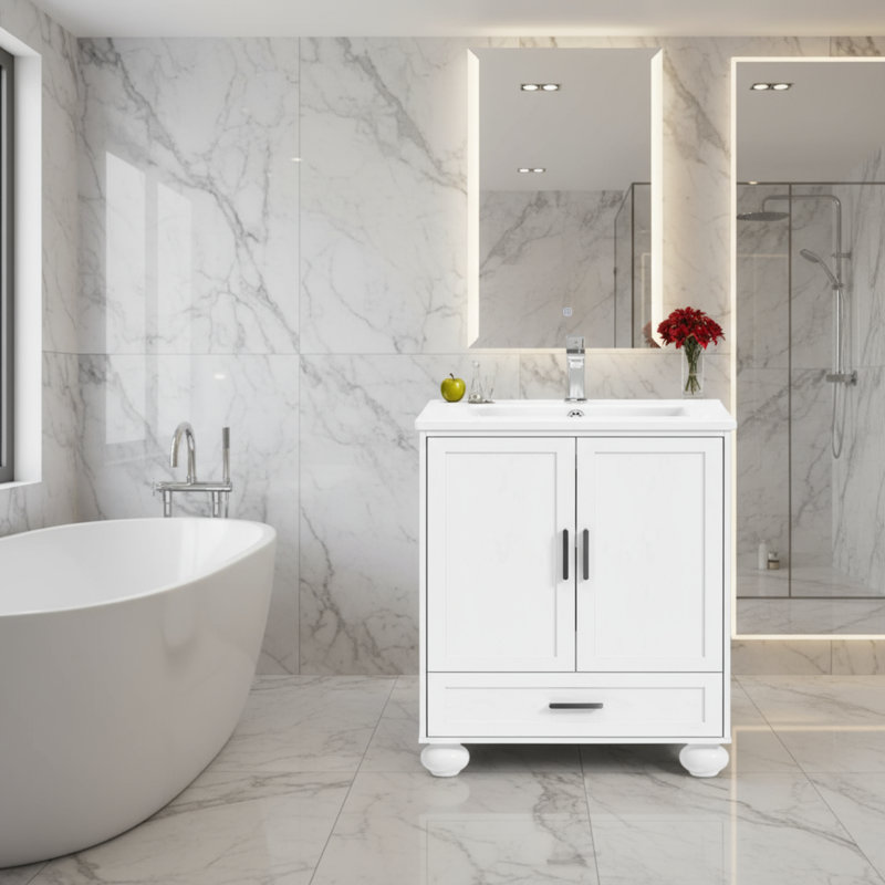Ce meuble-lavabo autoportant blanc avec pieds en bois massif comprend un lavabo et un lavabo en céramique, deux portes, un tiroir et des tablettes réglables - une pièce pratique et élégante.