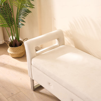 Banc de rangement en velours beige avec accoudoirs, idéal pour le salon, l'entrée ou la chambre.