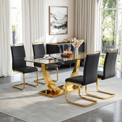 5-Piece Modern Rectangular Tempered Glass Dining Set with Metal Base and Faux Leather Cantilever Chairs