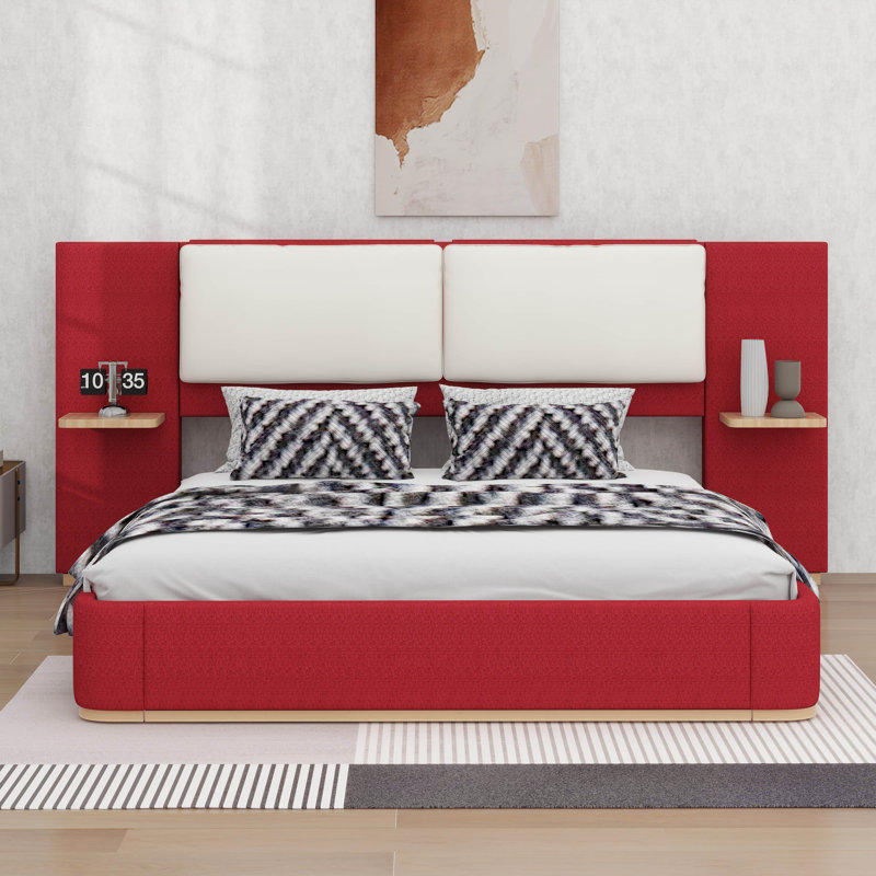 Structure de lit rembourrée avec tête de lit et tablettes en similicuir, Rouge