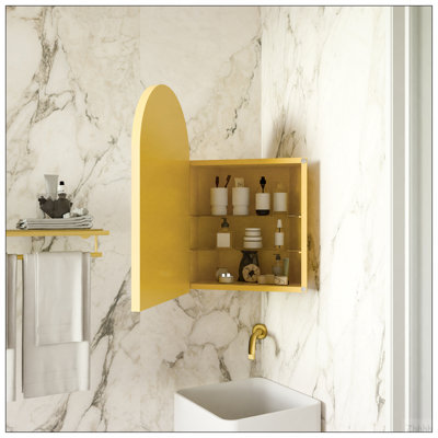Pharmacie d'angle en métal 18 po avec miroir arqué 18 po x 24 po, tablettes réglables en verre, rangement pour salle de bain compact pour petits espaces, or mat