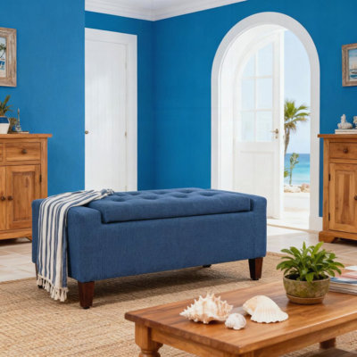 Lift Top Upholstered Storage Ottoman Bench with Rubberwood Legs for Entryway