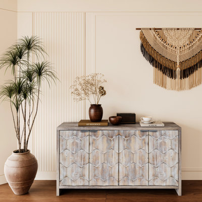 Buffet d'appoint 4 portes en bois Accent Bois naturel lavé, style artistique, rangement dans le vestibule